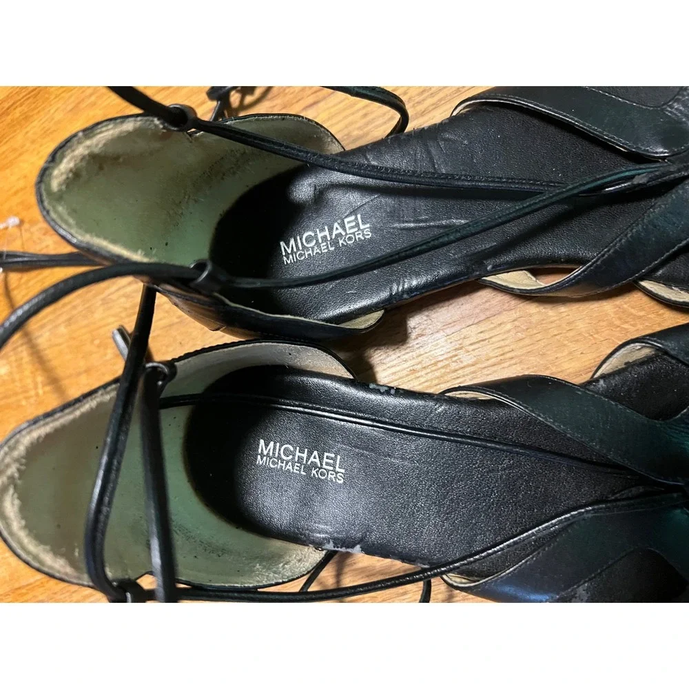 Michael Kors Womens Black Leather Lace Up Gladiator Flat Sandals Size 9M